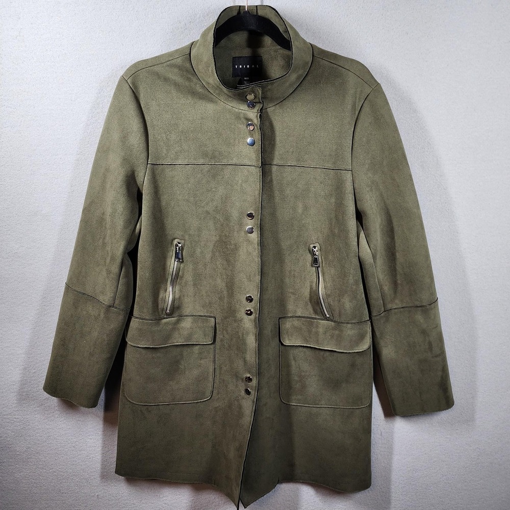 Tribal Jacket Womens Medium Olive Faux Suede Long Snap Zip Pockets 31330-2602